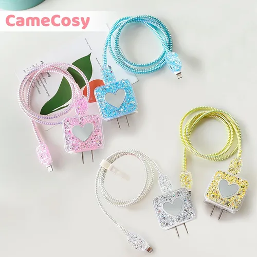 Vista 6 de Bling - Protector de cable para Apple iPhone con espejo, bonito diseño de corazón de amor, funda USB para línea de datos, protector de cargador