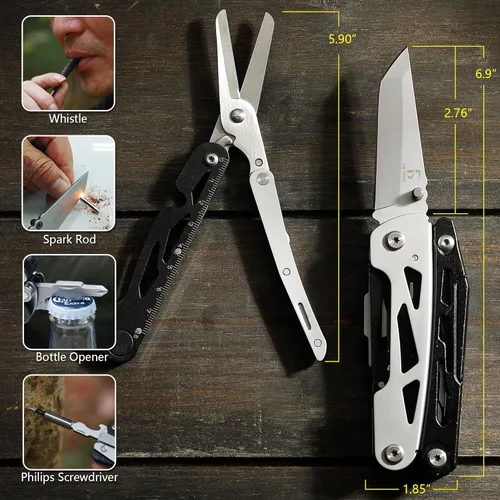 Vista 3 de THE FRONT Multiherramienta 19 en 1, Alicates Multiherramienta con Tijeras Desmontables, Cuchillo Táctico de Camping Multiuso para Supervivencia