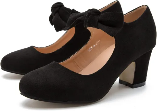 Vista 2 de Zapatos de tacón grueso de bloque bajo con lazo Mary Jane para mujer, punta redonda, tacón bajo, correa en el tobillo, vestido de boda, fiesta