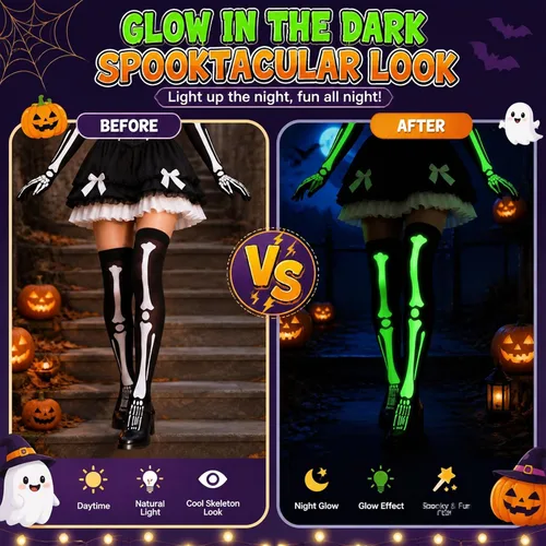 Vista 2 de Juego de medias y guantes de esqueleto luminosos de Halloween para fiesta y cosplay