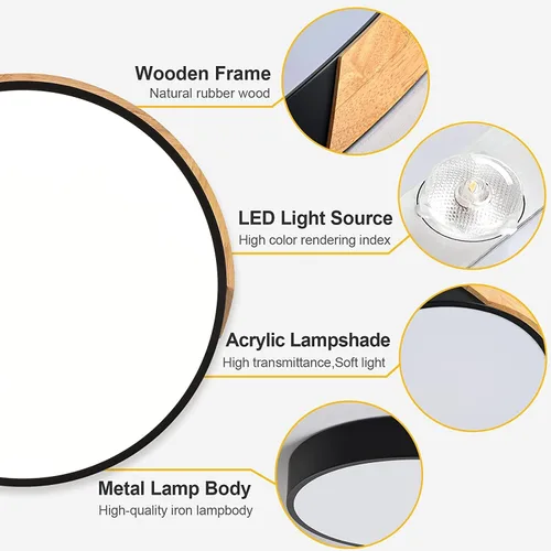 Vista 5 de Lámpara de techo LED de madera de montaje empotrado, 3CCT 3000K-6500K moderna negra cerca de las luminarias del techo, lámpara de techo redonda