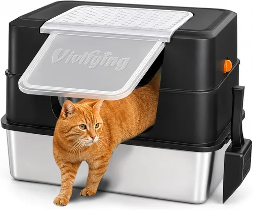 Vista 10 de Vivifying XL Enclosed Stainless Steel Cat Litter Box with Lid, White