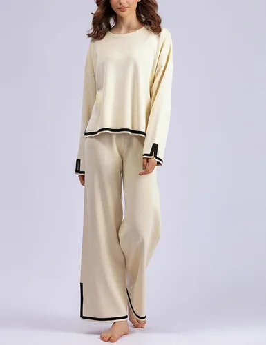 Vista 2 de Conjunto de suéter de 2 piezas para mujer, conjunto de punto de manga larga, sin botones, pantalones de pierna ancha