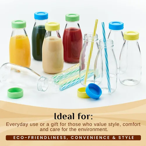 Vista 5 de Botellas de leche de vidrio de 10 onzas con tapas y popotes (paquete de 9) pequeños vasos herméticos con tapas, botellas reutilizables para jugos