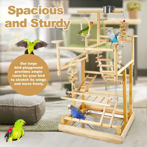 Vista 7 de LIMIO Parque de Juegos para Pájaros - Soporte de Juego de Madera Natural para Loros con Perchas, Gimnasio de Juego para Pájaros y Accesorios