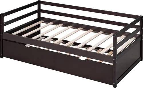 Vista 5 de Merax Sofá cama tamaño individual con nido, marco de sofá cama de madera maciza, color espresso