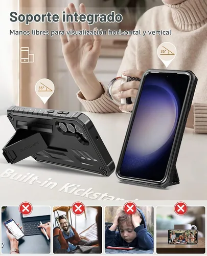 Vista 6 de Funda FNTCASE para Samsung-Galaxy S23+Plus, protector de pantalla incorporado negro Rugged Kickstand, 20FT Military-Grade Drop Protection, Matte