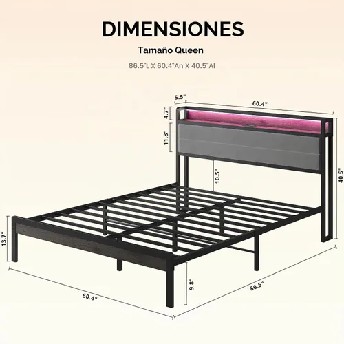Vista 2 de LIKIMIO - Base de cama Queen con cabecero, luces LED y estación de carga Gris carbón
