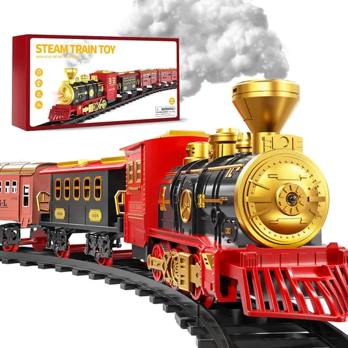 Vista 9 de Juego de tren para niños de 3-5 4-7, juego de juguetes clásicos de tren eléctrico con motor de locomotora, luces y sonido con vapor, rieles