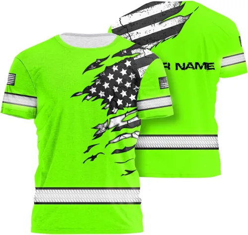 Vista 32 de Camisa de alta visibilidad de calavera con bandera de Estados Unidos para hombres, camisas de seguridad con nombre personalizado, ropa de trabajo