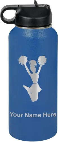 Vista 59 de LaserGram Botella de agua con tapa abatible de doble pared de 12 onzas con pajita, animadora, grabado personalizado incluido (negro)