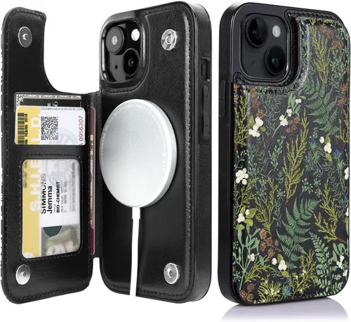 Vista 12 de uCOLOR - Funda tipo cartera para iPhone 15 con tarjetero y diseño de lunares con leche de almendra Bloqueo RFID de piel sintética para mujeres
