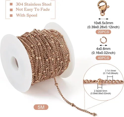 Vista 7 de KISSITTY Cadenas de satélite de oro rosa de 16.4 pies de acero inoxidable 304 soldadas con cierres de anillos de salto, cadena de bricolaje