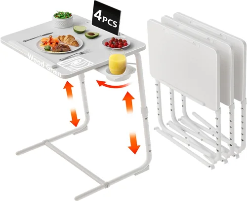 Vista 13 de Bandeja de TV ajustable para cena negra, bandejas plegables para comer en el sofá, mesas de madera, soporte mate, escritorio plegable con portavasos