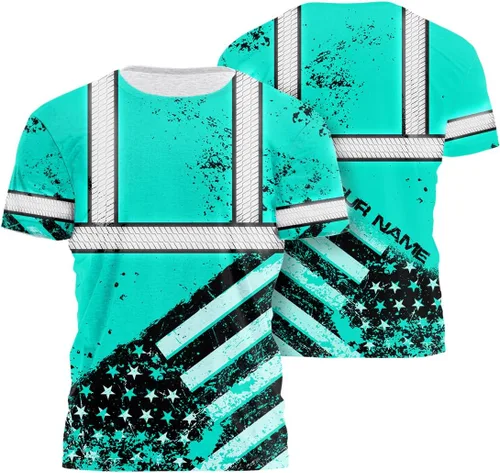 Vista 12 de Camisa de alta visibilidad de calavera con bandera de Estados Unidos para hombres, camisas de seguridad con nombre personalizado, ropa de trabajo