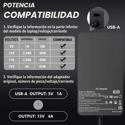 Vista 4 de Cargador para laptop Surface Pro de 65 W compatible con Microsoft Surface Pro 11 10, 9, 8, X, 7+, 7, 6, 5, 4, 3, conector de superficie magnética