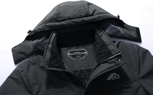 Vista 4 de OTU Chaqueta de esquí impermeable para hombre, rompevientos, para invierno, con capucha, para nieve, montaña, Gris-oscuro