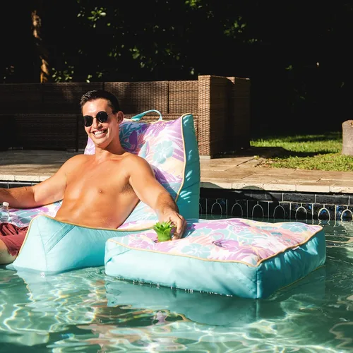 Vista 4 de Big Joe flotador Captain's Caddie sin necesidad de inflar para piscina con portavasos, hibisco tropical y aqua de doble lado con malla, tela