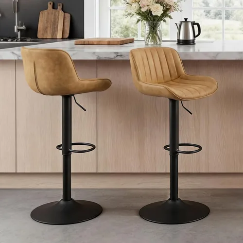 Vista 13 de Fat Ant Juego de 2 taburetes de bar ajustables de piel sintética, sillas de bar giratorias con respaldo, taburete de isla de cocina moderno tapizado