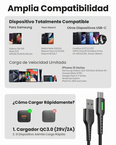 Vista 5 de INIU Cable USB a C, 3 paquetes [1.6 pies+3.3 pies+6.6 pies] 3.1A USB A a USB C, cable de carga rápida trenzado tipo C para iPhone 16 15 Pro Samsung