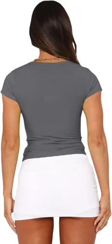 Vista 5 de Camiseta sexy de manga corta para mujer, camiseta ajustada y ajustada básica con cuello redondo