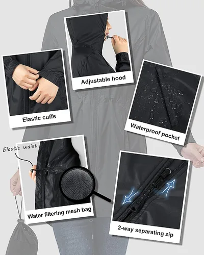 Vista 3 de 33,000ft Chaquetas de lluvia largas con capucha para mujer, gabardinas impermeables y plegables, cortavientos
