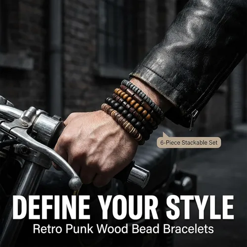Vista 5 de TIESOME 6 pulseras de cuentas para hombre, cuentas de madera multicapa y pulseras de cuero trenzado, cordón elástico ajustable, estilo grunge