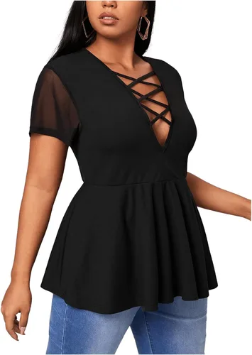 Vista 4 de OYOANGLE Blusa peplum de manga corta de malla para mujer, talla grande, cuello profundo y cruzado