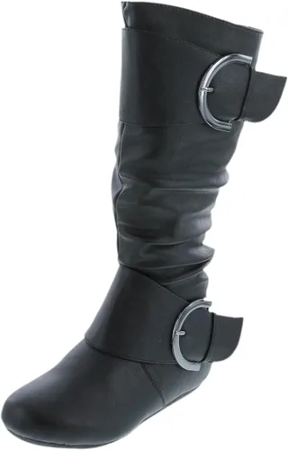 Vista 14 de TOP Moda Bank-81 Botas de mujer con puntera redonda, tacón plano, cierre de cremallera y hebilla, estilo holgado. Negro