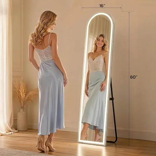 Vista 6 de Espejo arqueado de cuerpo entero con luces LED, espejo de piso LED de 60"x16" con soporte, espejos de piso para el cuerpo con atenuación e