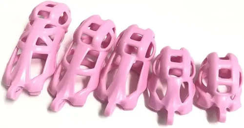 Vista 7 de Jaula de castidad rosa masculina 3.0, dispositivo de castidad masculina con 4 anillos para el pene, jaula ligera de resina para hombre para pene