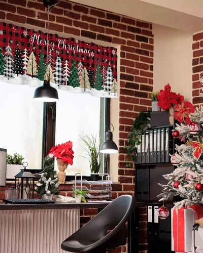 Vista 4 de Cenefa de Navidad para ventanas, cortinas de árbol de Navidad, cenefas con bolsillo para barra, cortinas cortas a cuadros para cocina, sala