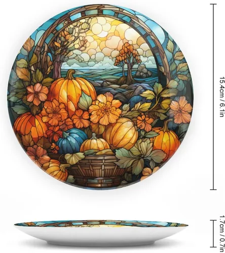 Vista 2 de Plato de cosecha de otoño de calabaza para decoración de pared de oficina en casa, plato decorativo con soporte de exhibición, adorno de cerámica