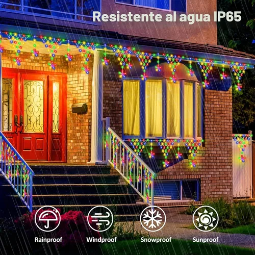 Vista 5 de Luces de Navidad para exteriores, 218 luces LED de cortina de Navidad de 13.8 pies, decoraciones de balcón al aire libre con 12 gotas de estrellas