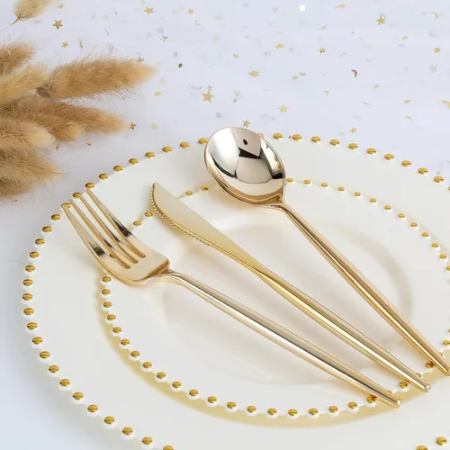Vista 4 de ejonirinjonir EI 60 platos de plástico beige con borde dorado, platos desechables marfil, plato de plástico de lujo resistente, cena de 10 pulgadas