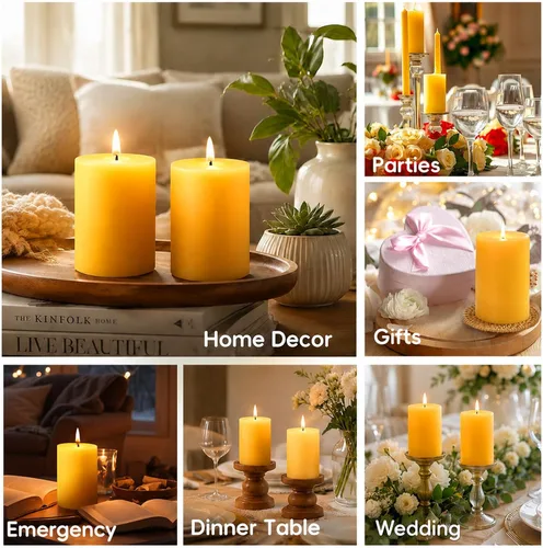 Vista 8 de Velas de pilar de cera de abeja natural, no tóxicas, 2 x 3 pulgadas, paquete de 6, 192 H de combustión larga Amarillo