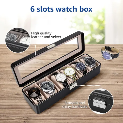 Vista 2 de BareTulip Organizador de caja de reloj para hombres y mujeres Caja de reloj con 6 ranuras Caja de reloj de cuero Pu-Display con ventana de vidrio