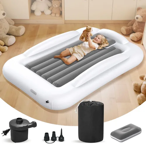 Vista 11 de Cama de viaje inflable para niños pequeños - Cama de viaje portátil para niños con lados de seguridad, juego completo de colchón de aire para niños