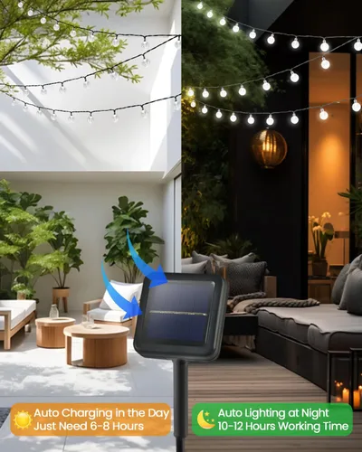 Vista 3 de LORRYTE Tira de luces solares para exteriores, 50 luces LED de 32 pies, impermeables, con energía solar, luces de globo de cristal para exteriores