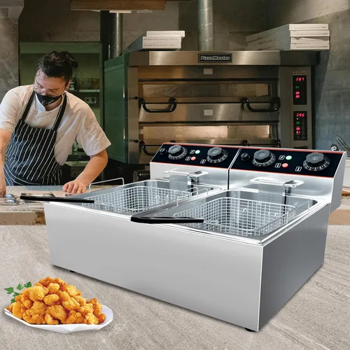 Vista 7 de Freidora comercial de 23 cuartos de galón con cestas dobles y tapa, freidora de aceite comercial eléctrica de acero inoxidable, control