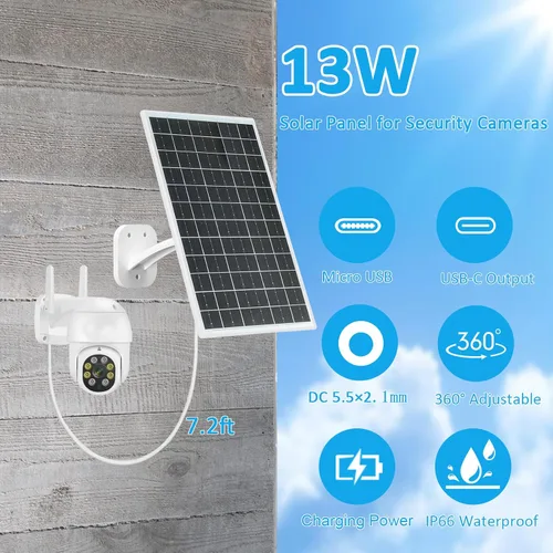 Vista 4 de Panel Solar de 13W para Cámaras de Seguridad al Aire Libre, USB-C, Micro USB y Salida DC de 5.5x2.1mm, Montura de 360°, Resistente al Agua IP66