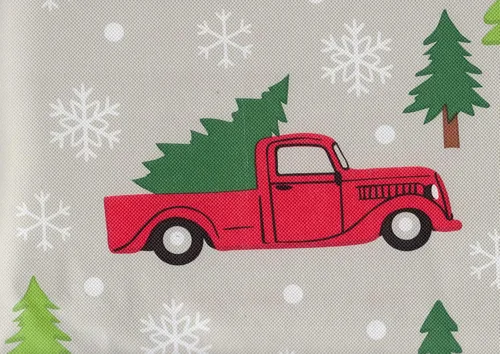 Vista 6 de St. Nicholas Square Mantel de vinilo, diseño navideño de camión rojo navideño, parte trasera de franela (70 redondos)