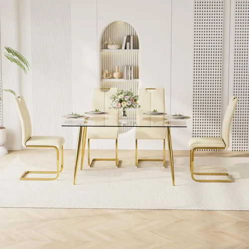 Vista 3 de Juego de mesa de comedor moderno de 51 pulgadas para 4 mesas rectangulares de cristal con 4 sillas tapizadas de cuero, asientos 4 ideales para Beige