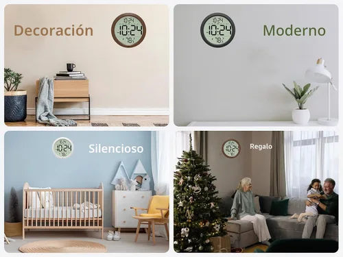 Vista 7 de Reloj de pared digital con fecha, temperatura interior, DST automático, reloj digital a batería, reloj de pared pequeño de madera decorativo de 8
