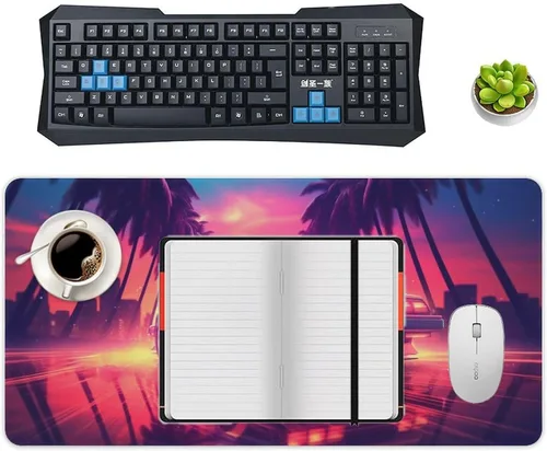 Vista 4 de Large Mouse Pad JDM Sports Drift Car Cyber Synthwave Palm Trees Desk Mat Computer Accessories Gaming Office Organizers Supplies Decor Essentials