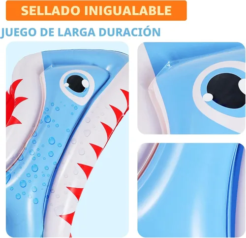 Vista 6 de iPlay, iLearn Juguete inflable 3 en 1 de piscina de tiburón para niños, juego de piscina inflable de baloncesto y fútbol, juego de lanzamiento