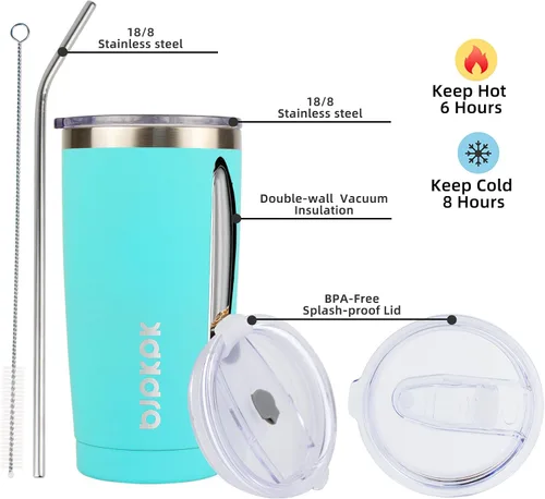 Vista 2 de BJPKPK Vaso de café de 20 onzas con tapa y popote, taza de acero inoxidable A-Turquesa-20oz