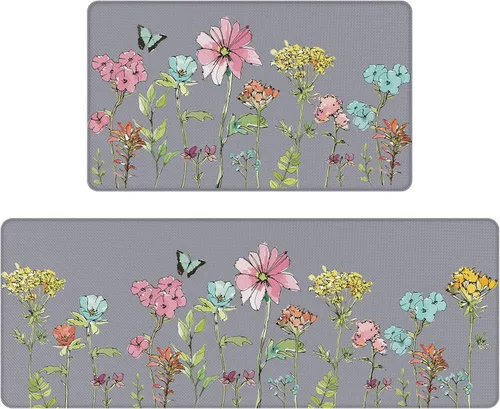 Vista 9 de Tapetes de cocina para piso, 2 piezas, color crema, flores coloridas, mariposas, tapetes de cocina para frente del fregadero, alfombras de cocina
