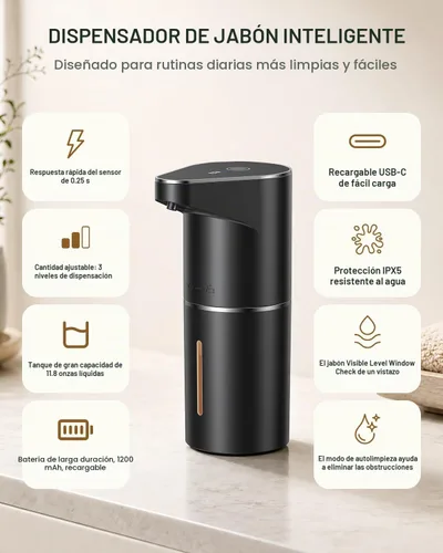 Vista 8 de Fantictas Dispensador automático de jabón espumoso sin contacto, ajustable Negro