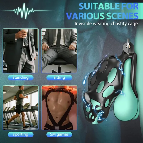 Vista 7 de Jaula de Castidad Masculina con Descarga Eléctrica de Juguete Sexual, Dispositivos de Castidad Jaula para Pene con 7 Vibraciones 7 Intensidades